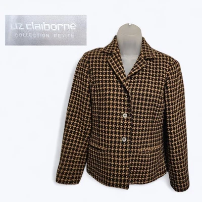 复古 Liz Claiborne 系列 Petite Houndstooth Blazer 经典风格 尺寸 4 — 第 1/4 张图片