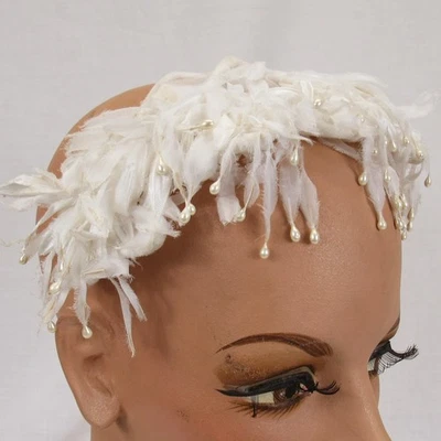 Vintage White Flower and Bead Clip Hat church wedding hair accessory for veil - Image 1 of 4