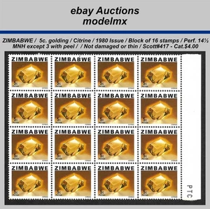 Zimbabwe, 1980, Citrine, MNH, Block Of 16, Sc.#417, Cat.$4.00 - Picture 1 of 2
