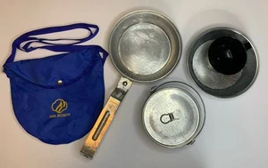 Vintage Girl Scouts Mess Kit Set In Bag Camp Cooking Pots  - Picture 1 of 12