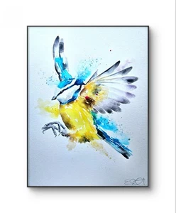 Original Watercolour painting signed artwork by Elle Smith of A Blue Tit Bird - Picture 1 of 8