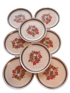 Vintage Strawberry Melamine Plates 8 Pc Set 8.75” Diameter 70s Style Brown Rim - Picture 1 of 9
