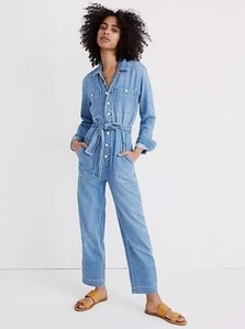 Womens's Madewell Long Sleeve Straight Leg Denim Tie-Waist Jumpsuit Size S - Picture 1 of 6
