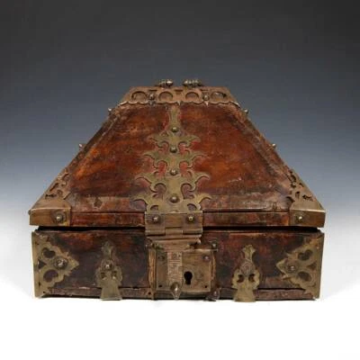ANTIQUE CATHEDRAL LIDDED HINGED DOWRY BOX WOOD BRONZE MOUNTS INDIA 19TH C. - Image 1 of 4