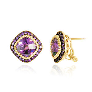 Halo Omega Back Earrings Simulated Amethyst 14k Yellow Gold Plated 925 Silver