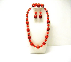 Large Painted Orange Barrel w/Round Orange Wood Bead Necklace/Bracelet/Earrings - Picture 1 of 12