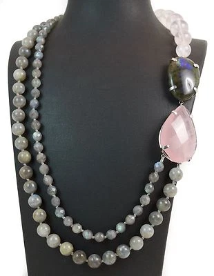 Collana in Labradorite e Quarzo Rosa con chiusura in Argento 925 Made in Italy - Immagine 1 di 3