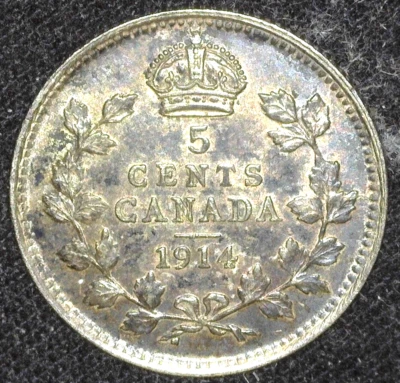 CANADA 1914 SILVER 5 CENTS KM22 ABOUT UNCIRCULATED ~FCS-284 - Image 1 of 2