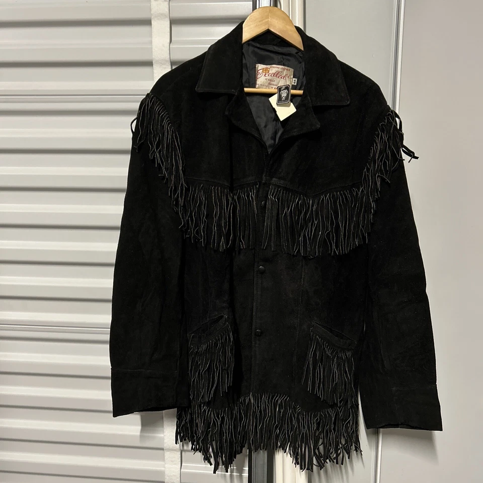 Vintage Excelled Suede Leather FRINGED Western Coat Jacket black Cowhide Tassel - Image 1 of 4