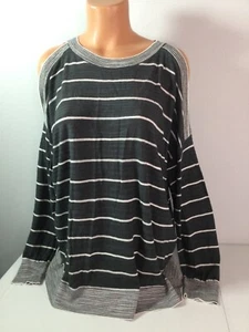 Ann Taylor LOFT Grey & Ivory/White Striped Cold Shoulder Sweater. Size Lg. NEW. - Picture 1 of 4