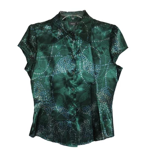 Mexx Women's Green Satin Abstract Print Collared Button Up Blouse Size 6 - Picture 1 of 8