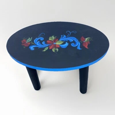 Vintage Stool Hand Painted Rosemaling Wood Black Red & Blue Nordic 11” Tall - Image 1 of 4