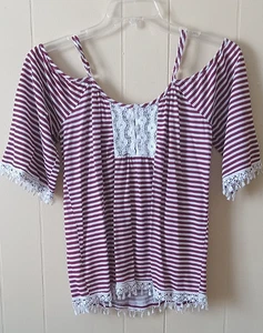 Vintage Boho American Rag Cie Large Cold Shoulder Top Burgundy White Striped - Picture 1 of 10