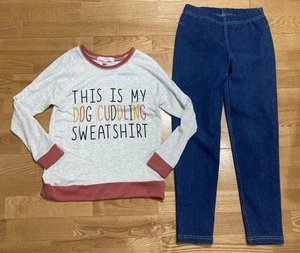 Mädchen Moa Moa & Tee Outfit Größe 10 - "Hund kuscheln....." Top mit Jeans EUC - Bild 1 von 8