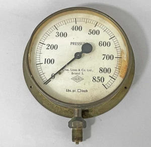 LARGE VINTAGE BRASS PRESSURE GAUGE 9 inch -LINES & Co 850psi STEAM ENGINE SHIP e - Picture 1 of 5