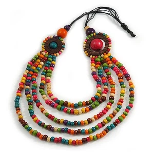 Long Multistrand Layered Wooden Bead Cotton Cord Necklace in Multi/ 100cm Long - Picture 1 of 4