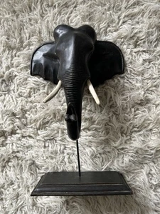 Hand Carved Ebony Wood Elephant Head With Stand Made In Africa 17.5” H X 12”W - Picture 1 of 12
