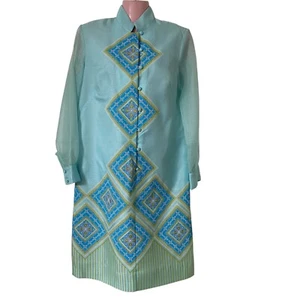Vintage 1970s Alfred Shaheen Dress Women's Size 10 Turquoise Tunic Hostess - Picture 1 of 6