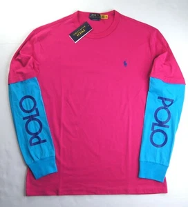POLO RALPH LAUREN Men's Pink Multi Classic Fit Logo Long Sleeve Jersey T-Shirt - Picture 1 of 3