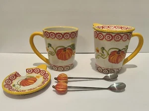 Set of 2 TEMPTATIONS by Tara 16oz Pumpkin Patch Mugs Lid Spoon - Picture 1 of 5