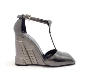 Prada Gunmetal Molded T-Strap Wedge Heels - Picture 1 of 9