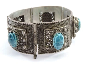 Juego Pulsera y Anillo Antiguo 58 gr. Plata 800 con Turquesa - Imagen 1 de 7