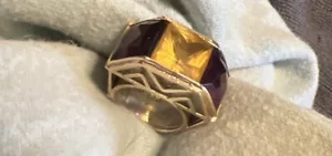 Large Bold Amethyst And Yellow Topaz Ring 18K Gold 925 Silver 18k Size 6 - Picture 1 of 13