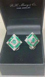 14K White Gold Earring Emerald & Diamond 1/2" W Omega Back Beauty - Picture 1 of 7