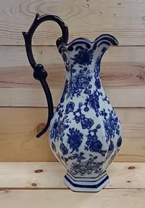 Vintage 6-Sided Colbalt Blue&White Floral Lg Pitcher/Vase Porcelain Beauty - Picture 1 of 11