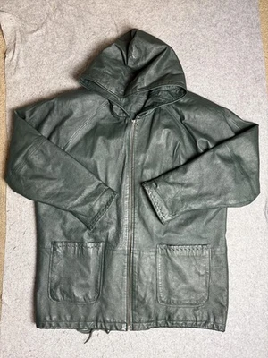 Jacqueline Ferrar с капюшоном кожаная куртка женщин 2XL зеленый молнии спереди выстеганная подкладка - Изображение 1 из 4