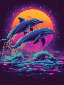 Canvas Art Purple Fantasy Moon Dolphins Wall Picture Poster Print - Picture 1 of 22