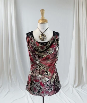 Paisley Floral Satin Cowl Neck Tank Top Boho Fairy Y2K Lace Back Sheer Size L - Image 1 of 4
