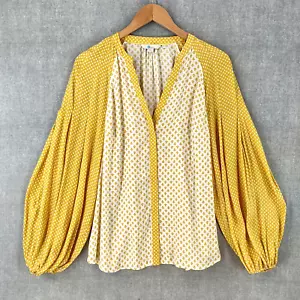 Boden Top Womens 10 Yellow Bohemian Flowy V-neck Button Up Tunic Balloon Sleeve - Picture 1 of 19