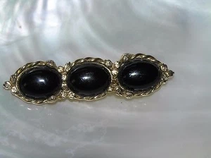 Estate Three Oval Black Ceramic Cabs in Goldtone Rope & Dainty Petals Frame Bar  - Picture 1 of 3