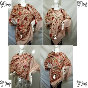 Women Pink Embroidered Wool Scarf Poncho Wrap Tassels Pashmina Shawl Accessory - Picture 1 of 17