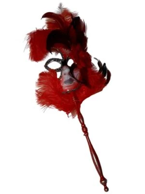 Red Silver Fancy Feather Flower Stick Masquerade Mardi Gras Mask - Image 1 of 4