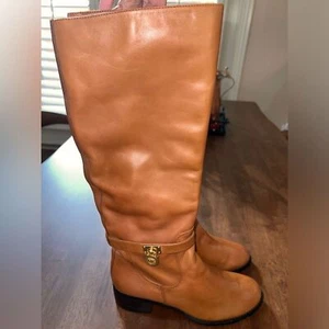 Michael Kors Riding Boots Knee High genuine leather Camel color MK Charm size 8 - Picture 1 of 14