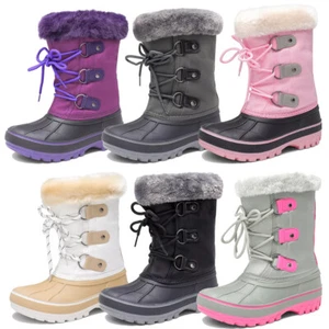 Boys Girls Winter Snow Boots Fur Lined Mid Calf Boots Zip Non-slip Ski Boots - Picture 1 of 17