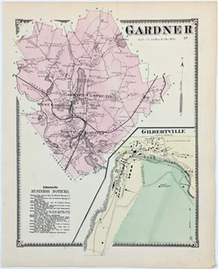 1870 GARDNER - GILBERTVILLE - MASSACHUSETTS Map WORCESTER County (13X10) - Picture 1 of 2