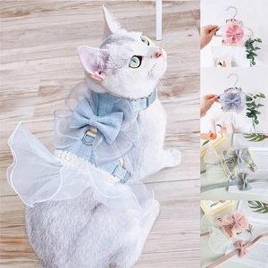 Cute Pet Cat Harness Dress Cat Vest Clothes Small Pet Lead Pearl Bowtie Fancy - Picture 1 of 16
