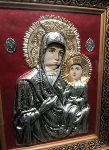Vintage Russian Orthodox Icon Wood Inlaid Silver Argent Metal Madonna Child  - Picture 1 of 5