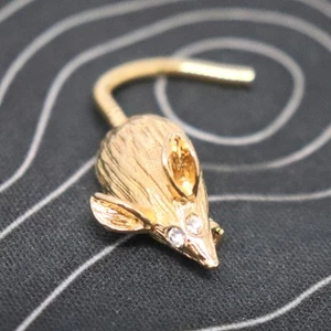 Mouse Brooch Pin Vtg w Flexible Tail Rhinestone Eyes Cute Gold Tone - Picture 1 of 6