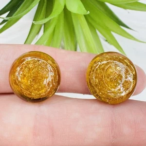 Vintage Murano Amber Glass Gold Glitter Round Stud Clip On Earrings - Picture 1 of 7
