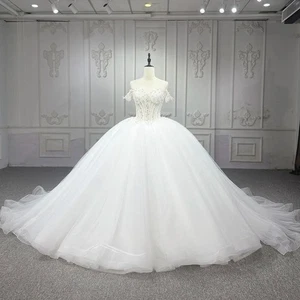 Luxury Pearls Organza Wedding Dress with Court Train Short Sleeve Beaded Lace Up - Picture 1 of 12