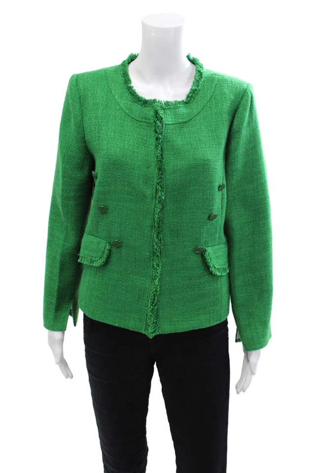 Central Park West Womens Fringe Trim Detail Woven Evening Jacket Green Size M - Image 1 of 4