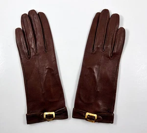 Vintage 50er Jahre Lederhandschuhe mit goldener Schnalle Akzent Damen Gr. 5-6 braun - Bild 1 von 4