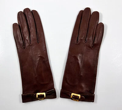 Guantes de cuero vintage de los años 50 con detalles de hebilla dorada para mujer talla 5-6 marrón Foto 1 de 4