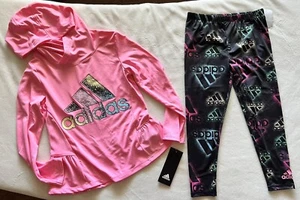 ADIDAS Little Girl's Long Sleeve Hooded Tunic Shirt & Tights Outfit, 2-Piece Set - Picture 1 of 7