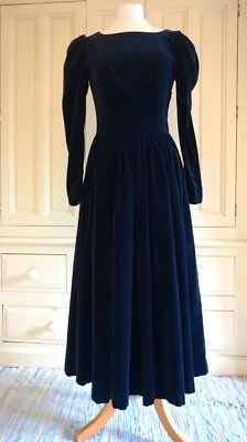 LAURA ASHLEY Vintage Dark Blue Velvet Medieval Style Full-Length Evening Dress - Image 1 of 4