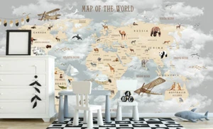 Animal Cloudy World Map Wall Mural Paper Kids Wallpaper Nursery Decor Gift M08 - Picture 1 of 7